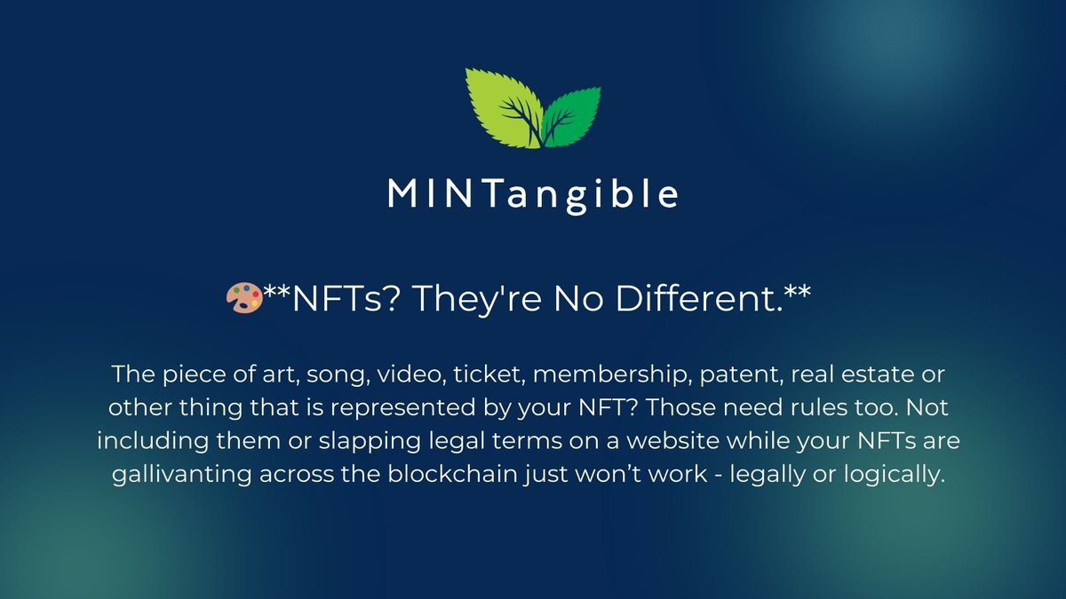 MINTangible_io's tweet photo. Calling all #NFTcreators and platforms! Partner with @MINTangible_io to ensure your #NFTs meet #Web2 legal standards while safeguarding creators' and buyers' rights. Connect with us now: https://t.co/bymRqzP2Yh #Web3 #LegalTech https://t.co/F9pNLQOEnp
