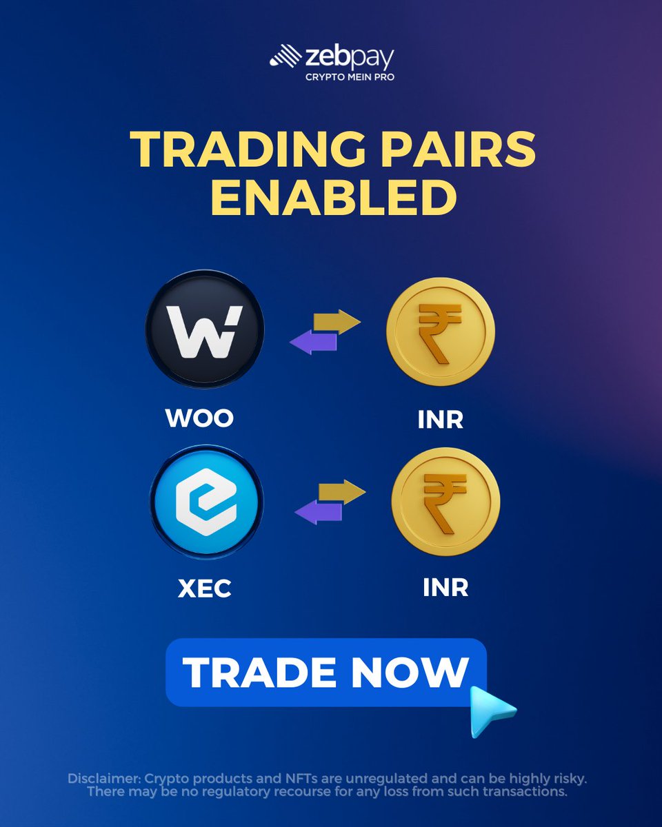 zebpay's tweet photo. Join the journey to a decentralized future! 🚀

New Trading Pairs enabled on ZebPay Quicktrade! 

#WOO - #INR
#XEC - #INR

Start Trading Now🔰
https://t.co/ZPho6Fcnfb https://t.co/mzAhEElEJU