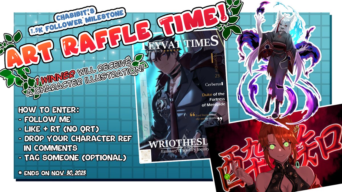 Chabibit1's tweet photo. 💙1.5K ART RAFFLE💙

1 winner will receive a character illustration! 

To enter, you just need to: 
1⃣ follow 
2⃣ like + RT (no QRT) 
3⃣ drop your character ref in comments 
4⃣ tag someone (optional)

Deadline's on Nov 30, good luck! #Vtuber #VtubersUprising #ENVtuber #artraffle https://t.co/MEmTKOTiKt