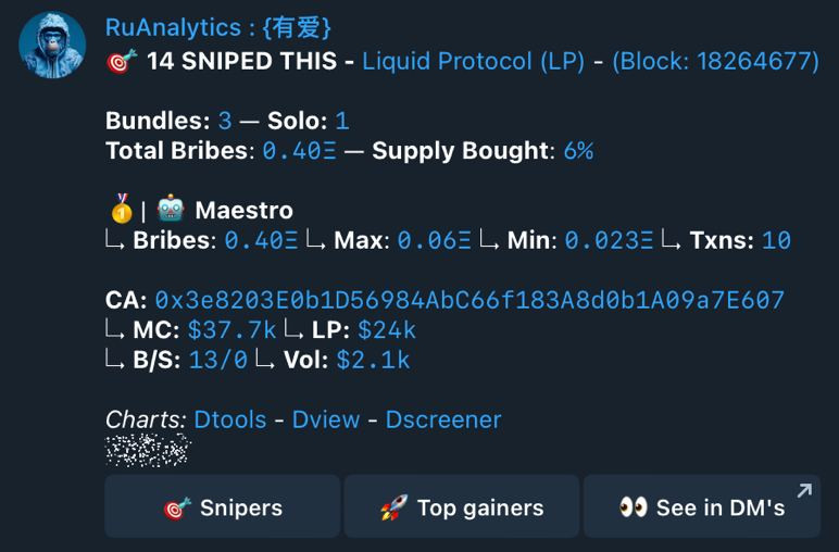 ru_bots_'s tweet photo. 💼 RuBots offer more than alpha token spotting; with a single click in RuAnalytics, you can access in-depth sniper data, like snipe and bribe amounts, token balance and even the top 10 profitable traders for any token allowing you to build your personal wallet database.

In this case, $LP made waves, being spotted at $37.7k on RuAnalytics and $42.3k on RuFresh and skyrocketed to $4M mc, a 100x return. 

Some RuPro users seized the opportunity, others that missed out can still analyze wallet data in detail to fish out smart money wallets or insiders.

#RuTooling #RuOnChainData