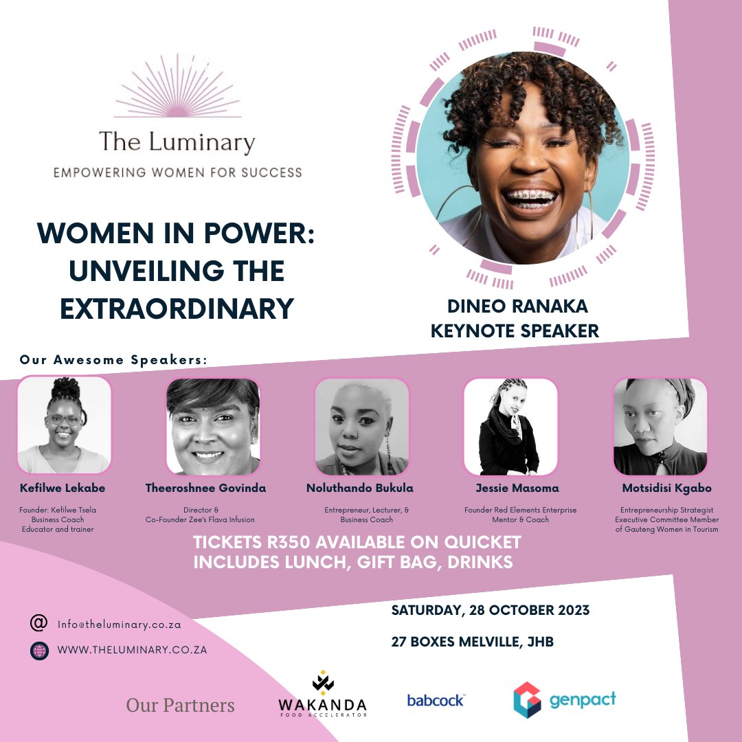 MsB_Tshole's tweet photo. Whether you're an entrepreneur, professional, or simply passionate about women's empowerment The Luminary Women In Power event is for you.

Let's sow the seeds of greatness, together. Get your tickets now!

https://t.co/AwCiGhWXtm on Quicket.

See you there! https://t.co/D9ujJydX7j