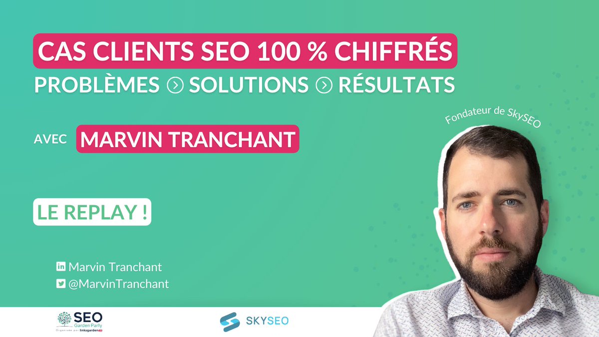 🎉 Le replay de <a href="/MarvinTranchant/">Marvin Tranchant</a> disponible !

Le fondateur de Skyseo vous partage sa méthode à travers une étude de cas pour optimiser votre stratégie SEO

Retrouvez sa conférence “Cas clients SEO 100% chiffrés : Problèmes ➡ Solutions ➡ Résultats”

👉 youtu.be/pXHJbjRYxQA