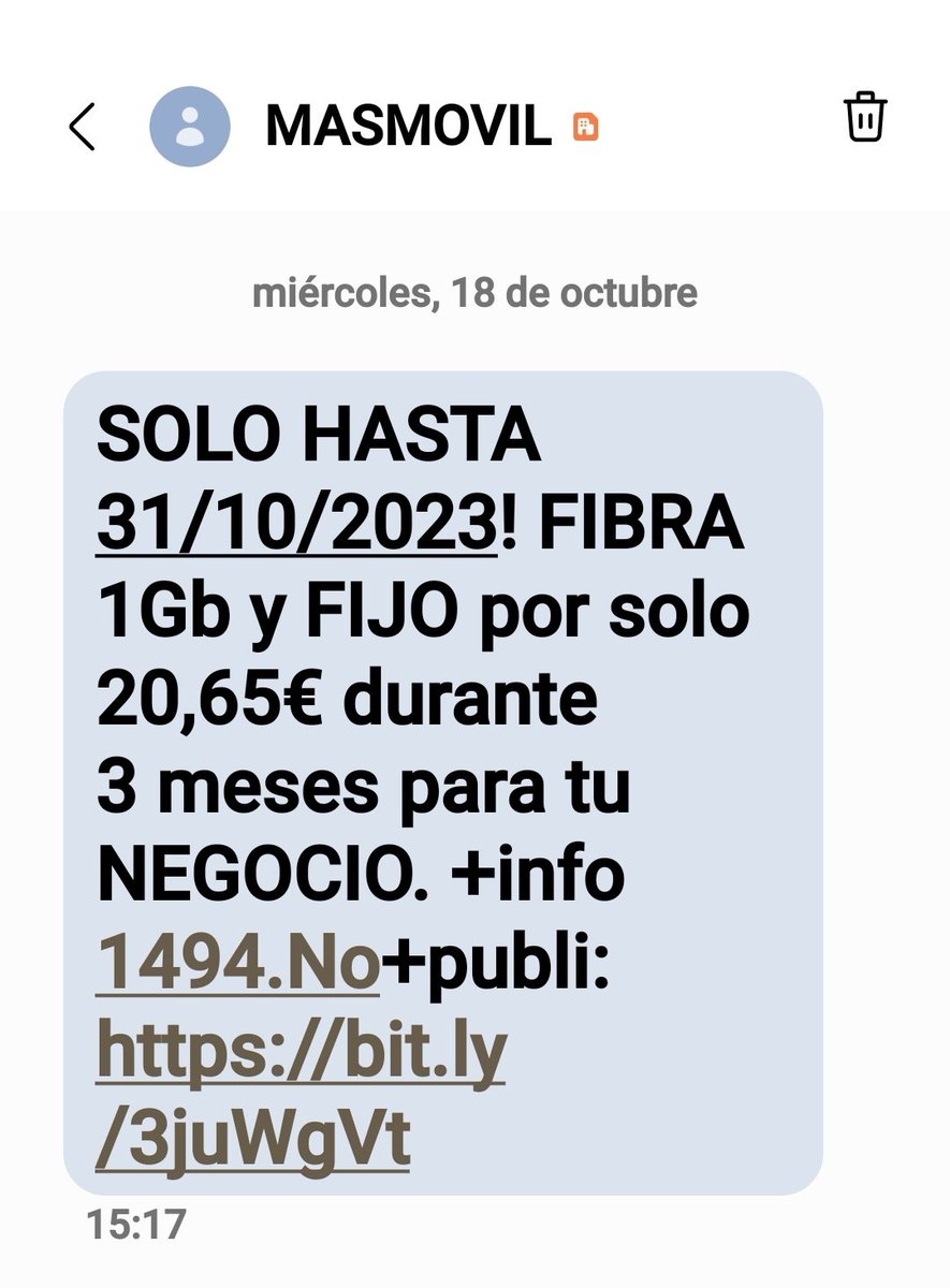 AppElCarrascal's tweet photo. ALERTA PHISING, he recibido este SMS, al principio me he cabreado, por recibir de MASMOVIL publicidad, si nunca la he solicitado. https://t.co/MUvnYsID71