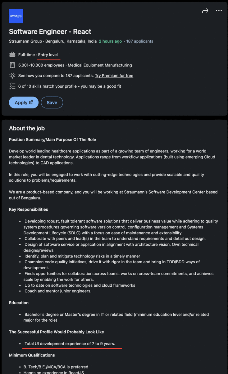 nitesh_singh5's tweet image. Saw a so called entry-level job asking for 7-9 yoe. 

Are we supposed to start our careers with a decade of expertise now?