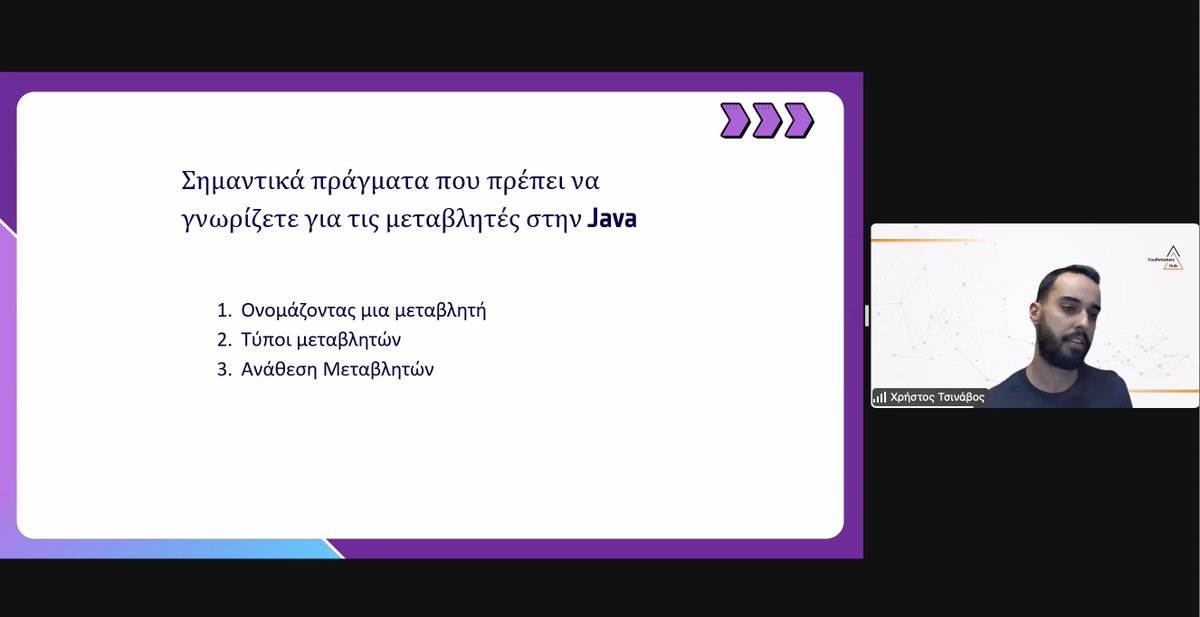 #MeetandCode Webinar 
Let's code: Java 💻

Let's talk about... #bytes and #bits.
A byte variable can hold 8 bits of data and represent integer values in the range of -128 to 127!

#meetandcode #sap4good #codeEU #ΙmpactHubAthens #YouthmakersHub #YOUthMakeItHappen #InspiringChange