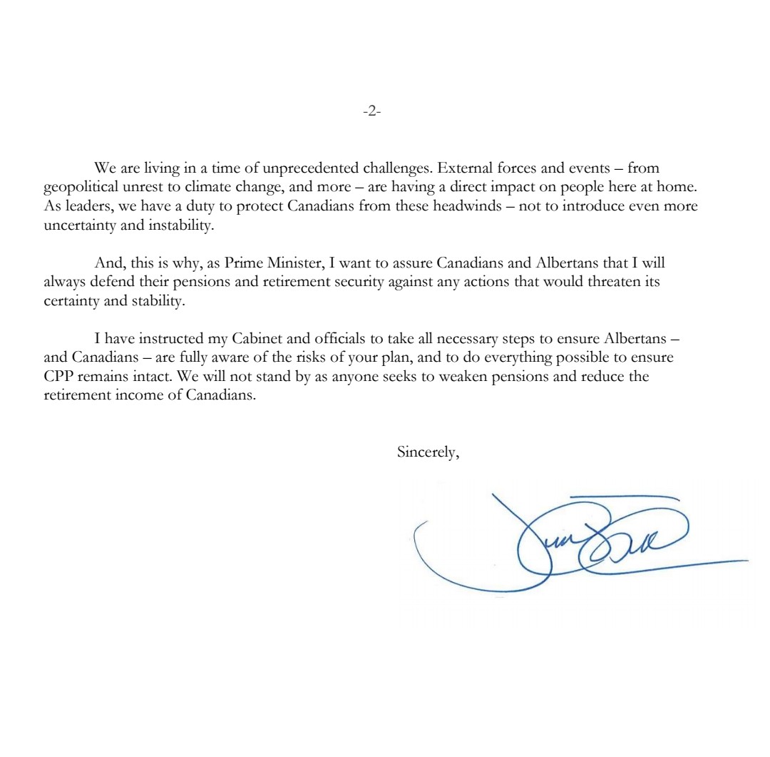 NEW: 

Prime Minister Justin Trudeau pens letter to Alberta Premier Danielle Smith, saying he has instructed his Cabinet to ensure Albertans are aware of the risks in her government's pension proposal, and pledges to keep CPP intact. #yes #yyc #ableg