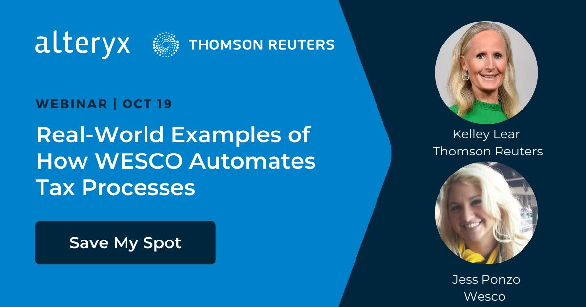 joebhorne's tweet photo. Learn how #Wesco leverages #ThomsonReuters and Alteryx's advanced #analytics to simplify tax #dataprep, improve compliance, and stay ahead of global tax complexities.

Register now: https://t.co/dZHwpjawQq

#TaxAnalytics #TaxData #DataAnalytics https://t.co/1NGIkMjpNA