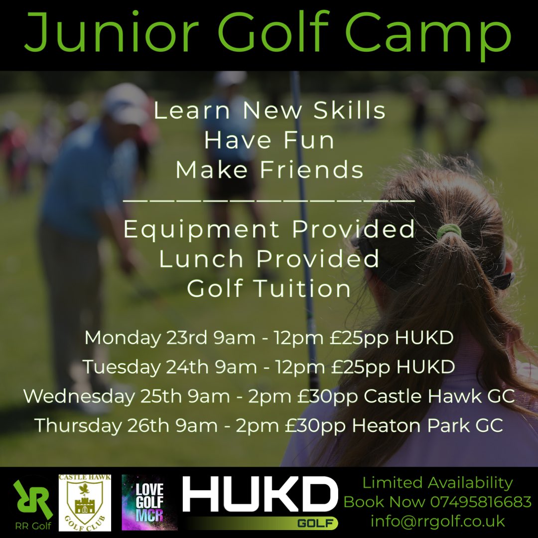RR Golf (@rrgolfuk) on Twitter photo Looking for something fun for your juniors to do this half term?
Book them into the junior summer camp across these brilliant venues
HUKD Golf
<a href="/ParkHeaton/">Heaton Park Golf Course</a>
<a href="/castlehawkGC/">castlehawkGC</a>
<a href="/GreenmountGolf/">Greenmount Golf Club</a> Looking for something fun for your juniors to do this half term?
Book them into the junior summer camp across these brilliant venues
HUKD Golf
<a href="/ParkHeaton/">Heaton Park Golf Course</a>
<a href="/castlehawkGC/">castlehawkGC</a>
<a href="/GreenmountGolf/">Greenmount Golf Club</a>