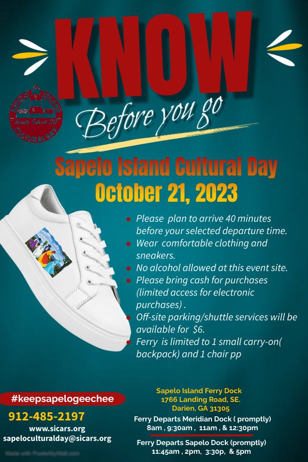 Cultural Day is this Saturday! Check out the flyer below for useful information before your trip. Still need tickets? Purchase them here: eventbrite.com/e/sapelo-islan…