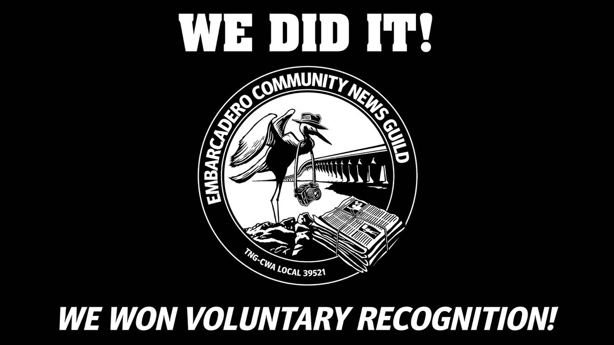 🚨 Exciting news 🚨

We’ve won voluntary recognition from Embarcadero Media management with 90% support of eligible staff at @almanacnews, @danvillesanramo, <a href="/LVineNews/">livermorevine</a>, <a href="/mvvoice/">Mountain View Voice</a>, <a href="/paloaltoonline/">paloaltoonline</a>, Peninsula Foodist, <a href="/PleasantonNews/">Pleasanton Weekly</a>, <a href="/rwcpulse/">The Redwood City Pulse</a> and <a href="/sixfifty_says/">THE SIX FIFTY</a> publications.