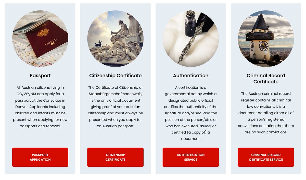 AustriaDenver's tweet image. Calling all Austrian Expats living in CO/WY/NM: check out the services we at the Honorary Consulate in Denver provide: 
✔️Passport Applications
✔️Citizenship Certificate
✔️Authentication
✔️Criminal Record Certificate
#AustriansAbroad #AustriansinColorado
bit.ly/3BNLgMV