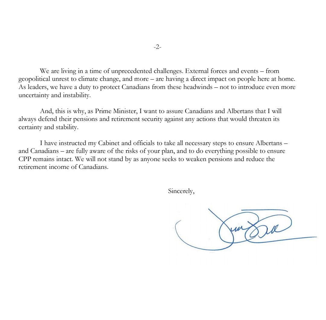 The PM to Smith: 

“I have instructed my Cabinet and officials to take all necessary steps to ensure Albertans - and Canadians - are fully aware of the risks of your plan, and to do everything possible to ensure CPP remains intact”

#abpoli #ableg #cdnpoli