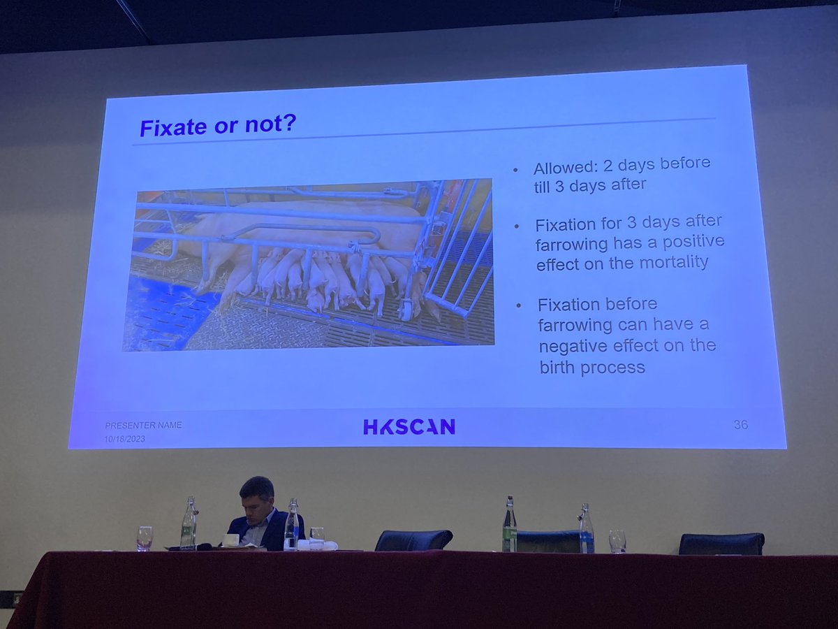 LABoyle2's tweet photo. Johannes Vugts presenting @HKScan experiences with #freefarrowing in Finland @TeagascPig farmers conference. Finnish gov allows confinement of sows for 2d prior to farrowing but this interferes with farrowing process and cancels out benefits of #freefarrowing #sowbehaviour https://t.co/5Jtwl8Kpum