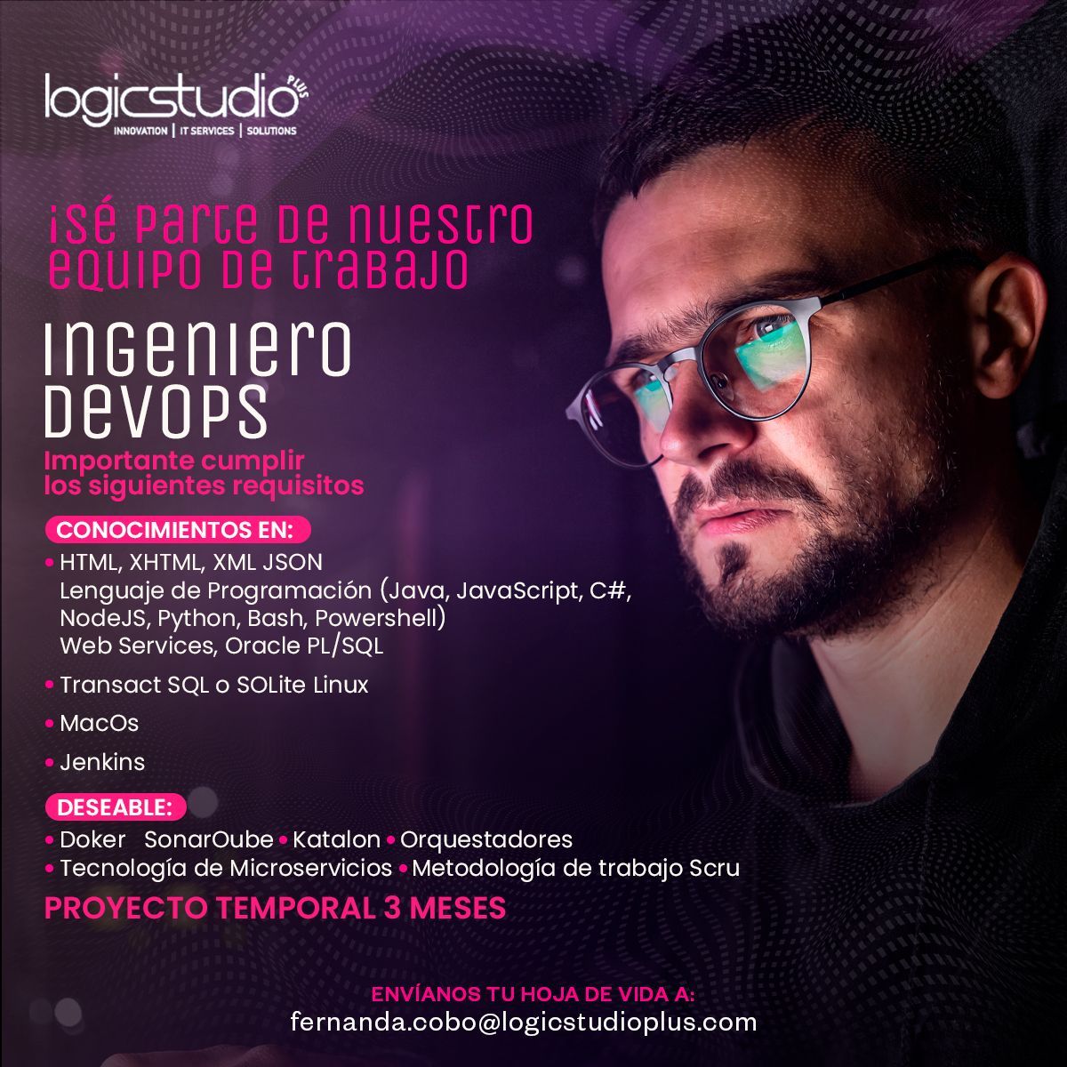 LogicStudioPlus's tweet image. 🔎Te estamos buscando 🧐forma parte de nuestro equipo de profesionales👨💻
¡Postula Ya!
👉Envíanos tu hoja de vida a:
fernanda.cobo@logicstudioplus.com
#ofertasempleo #ecuador #logicstudioplus #ingeniero #DevOps