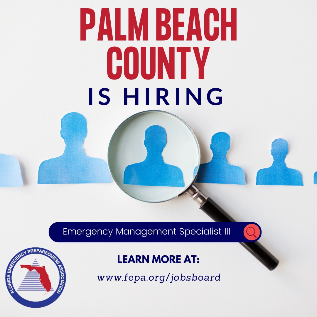 Palm Beach County is seeking a qualified Emergency Management Specialist III. 

If you are interested in joining the Palm Beach Team visit fepa.org/jobsboard

#EM #Career #weareFEPA