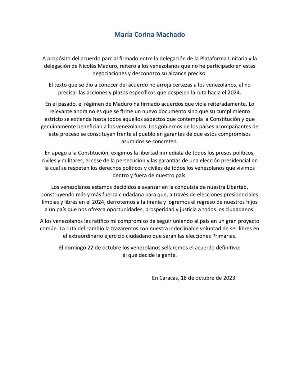 Esta es la posición de <a href="/MariaCorinaYA/">María Corina Machado</a> Machado y de quienes la acompañamos en su lucha, ante el acuerdo firmado por la Plataforma Unitaria con el régimen que impera en Venezuela.
<a href="/Almagro_OEA2015/">Luis Almagro</a> <a href="/ONU_es/">Naciones Unidas</a> <a href="/UnionEuropeaRD/">Unión Europea en la República Dominicana</a>