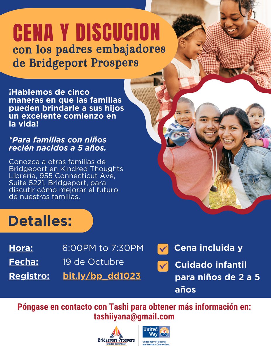 ¡Hablaremos de cinco maneras en que las familias pueden brindarle a sus hijos un excelente comienzo en la vida! Para familias con niños recién nacidos a 5 años. Registro: bit.ly/bp_dd1023 #BridgeportCT #Familias