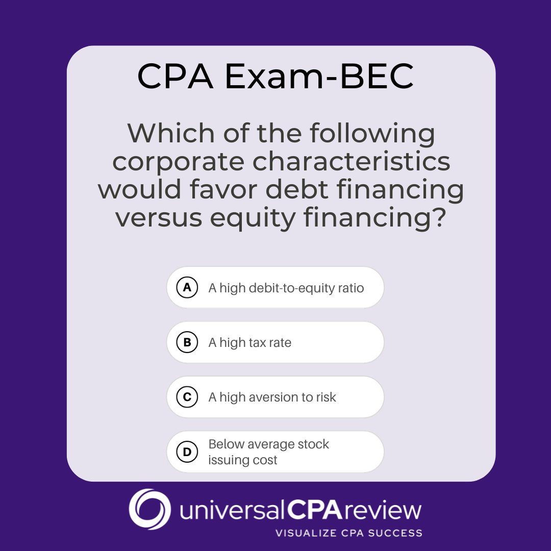 JosephReeve12's tweet image. MCQ Time! 
Answer in the comments below for a chance to win a FREE BEC 4-hour workshop recording. :) 
Which of the following corporate characteristics would favor debt financing versus equity financing?
A
B
C  
D
#universalcpareview #passthecpa #cpareview #cpaexam