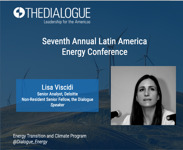Dialogue_Energy's tweet photo. @lviscidi is a non-resident senior fellow at the Dialogue, as well as a senior manager for Deloitte Consulting.

At #LAEC7, she’ll discuss electrification and its limits in LAC, but also green hydrogen and the physical and political infrastructure required to harness its power. https://t.co/8N57rr5FYo