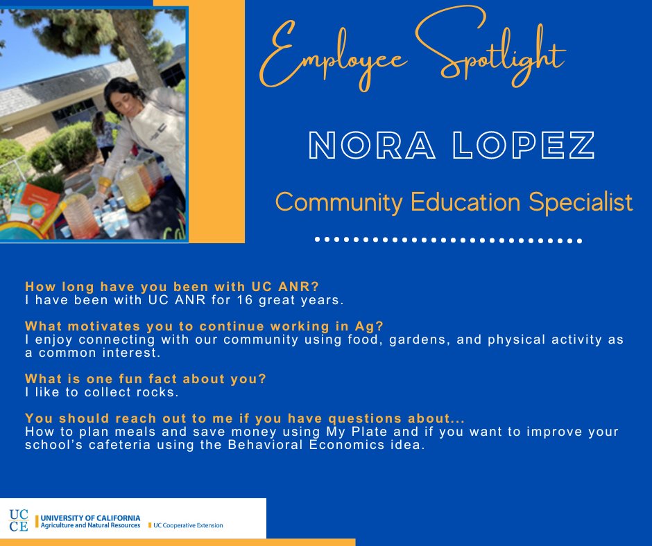 Check out our Employee Spotlight for the month of October! Meet Nora Lopez, CalFresh Healthy Living - Community Education Specialist