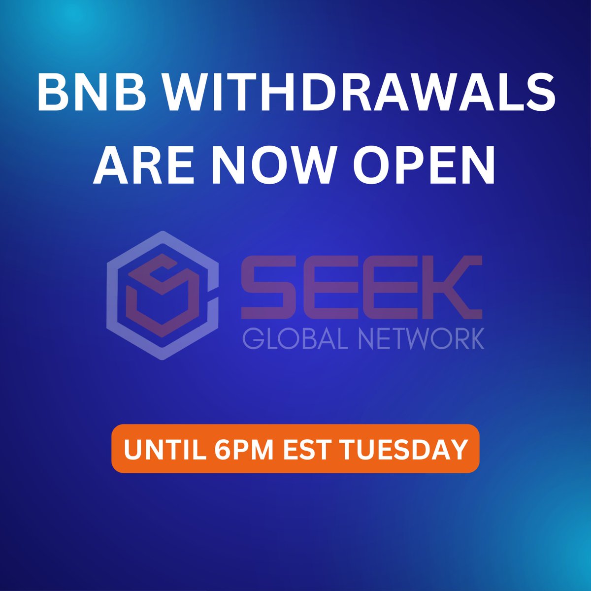 SeekGlobalNet's tweet photo. "Unlock your BNB now on SEEK Global Network until 6PM EST Tuesday! π"
Stay tuned for more details: π https://t.co/y7b3Yz4THP
#BNBWithdrawal #SEEKGlobalNetwork #CryptoUpdate #BNBAlert #CryptoTrading #BlockchainNews #DeadlineAlert https://t.co/ZKnAUTw5yc