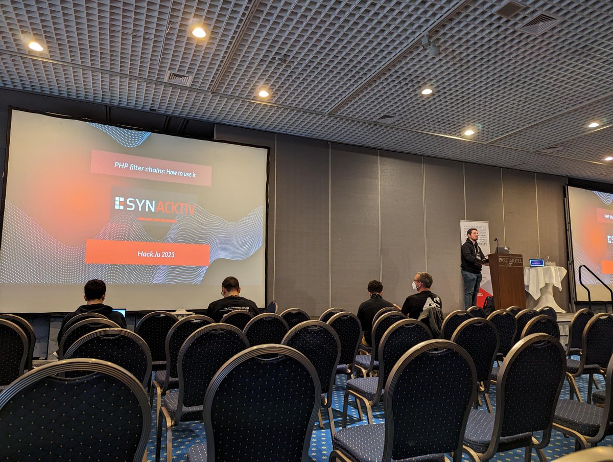 Synacktiv (@synacktiv) on Twitter photo Our ninja <a href="/_remsio_/">Remsio</a> is currently talking about PHP filter chains at <a href="/hack_lu/">hack_lu</a> Our ninja <a href="/_remsio_/">Remsio</a> is currently talking about PHP filter chains at <a href="/hack_lu/">hack_lu</a>