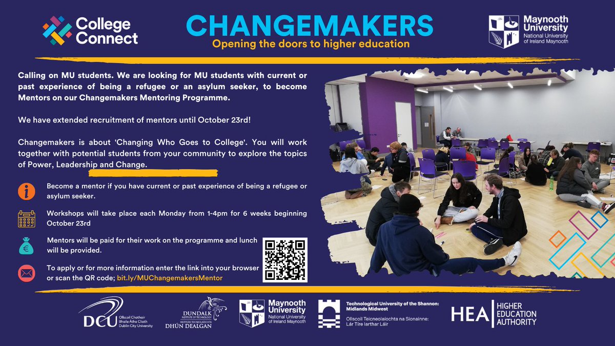 Calling all @MaynoothUni Students! We have extended recruitment for Changemakers mentors until October 23rd. If you are interested in opening the doors to #HigherEducation for others apply through the link below bit.ly/MUChangemakers…