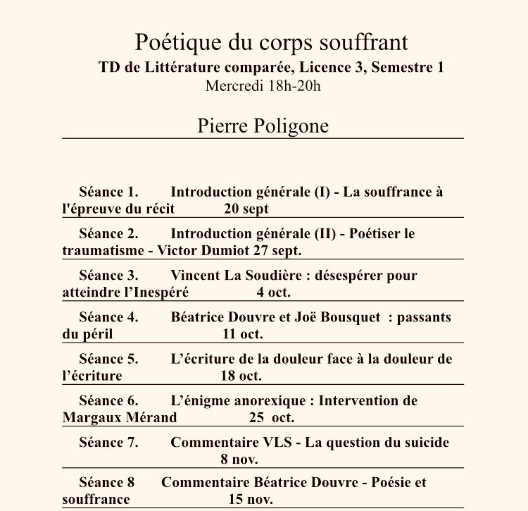 Très heureuse d’intervenir prochainement dans le séminaire de mon ami <a href="/PierrePoligone/">Pierre Poligone</a> . Je commenterai la figure du Jeûneur de Kafka. Ou comment l’anorexique cherche et ne parvient pas à être sujet ; désire et aliène tout lien possible à l’autre ; crée et ne crée rien.
