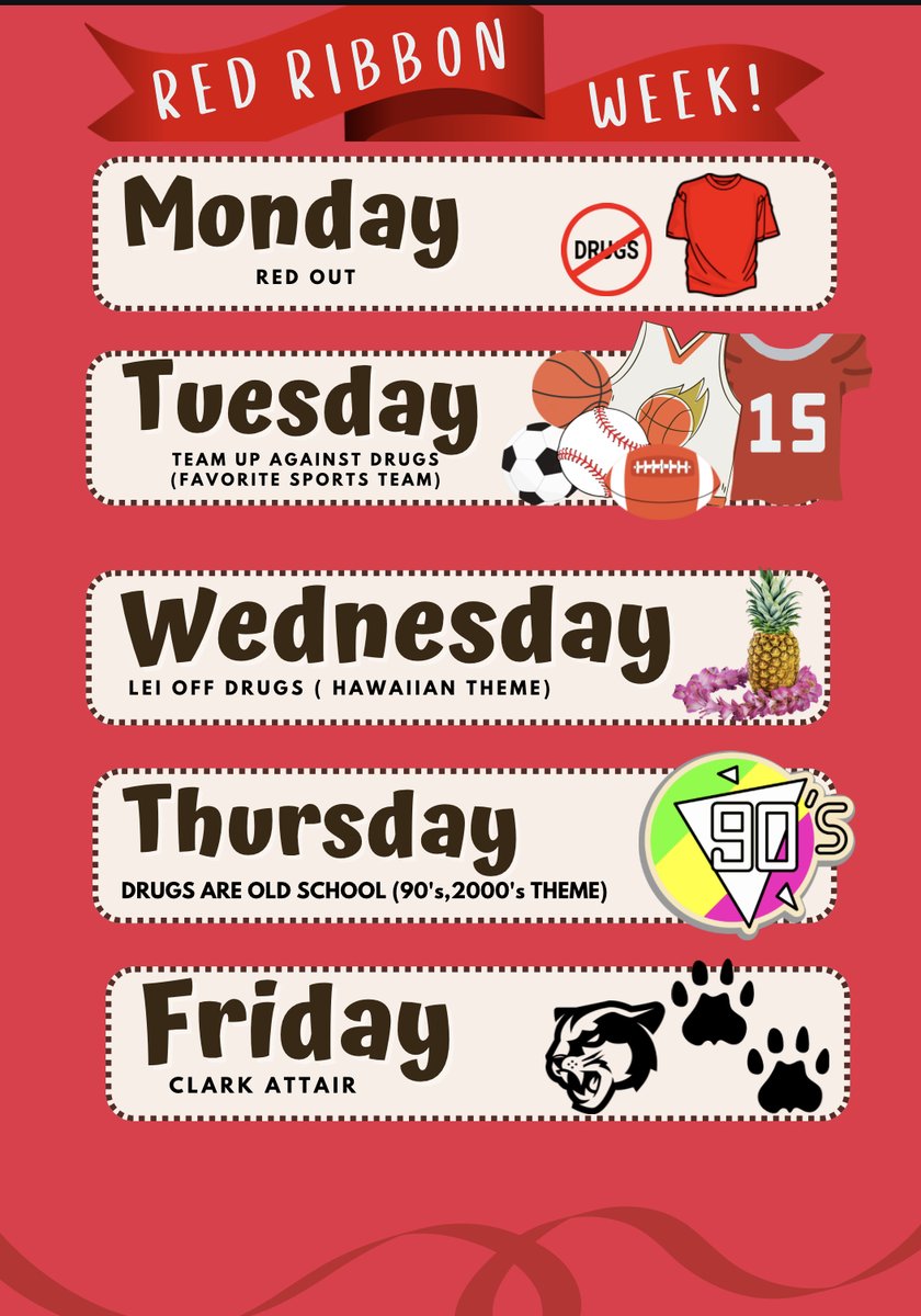 Next week is Red Ribbon Week. Be kind to your mind and live drug free! 🐾😊🎀
<a href="/NISDClark/">Tom C. Clark HS</a> <a href="/ClarkTxLib/">Clark HS Library</a> <a href="/Clarkpub/">Clark Journalism</a> <a href="/TCClarkAVID/">ClarkAVID</a> <a href="/ClarkTAFE/">TAFE - Clark High School</a> <a href="/clark_stuco/">Tom C. Clark StuCo</a> <a href="/NISDCounseling/">NISD Counseling</a> <a href="/NCANorthside/">♥️Northside Counselors Association♥️</a>