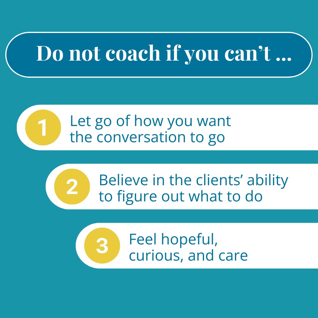 MarciaReynolds's tweet image. When I teach coaching skills, I ask my students, “Are you willing to give up being the expert or helper to be the coach?” You must let go of thinking your value is to know what’s best for them if you want to effectively coach.

#executivecoach #coachingtips #coaches