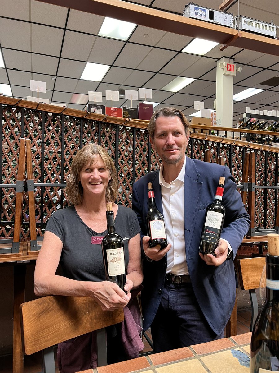 A visit from Salvatore Ferragamo Jr. of Il Borro wines, pictured with our Italian wine buyer Patty, as we taste through his lineup. @mrhitime #tuscanwine