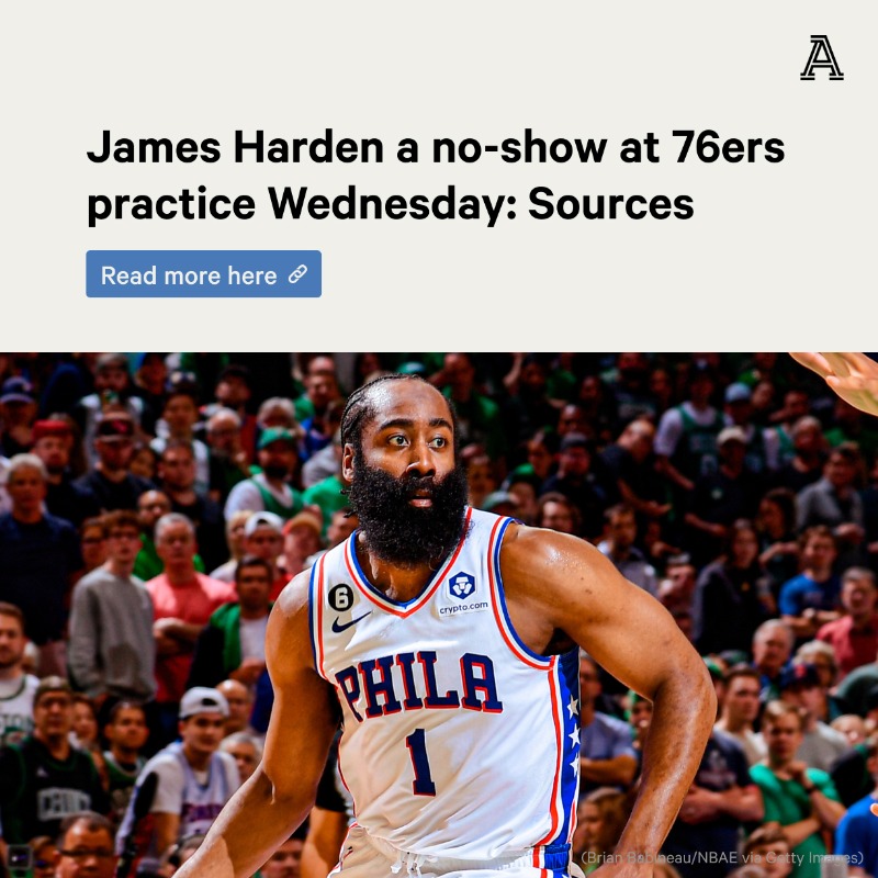 TheAthletic's tweet photo. James Harden has not been present with the 76ers since Sunday, sources tell @ShamsCharania.

He missed practice Wednesday, and it’s unclear when, and if, Harden will return to the 76ers team activities as he awaits a trade ⤵️