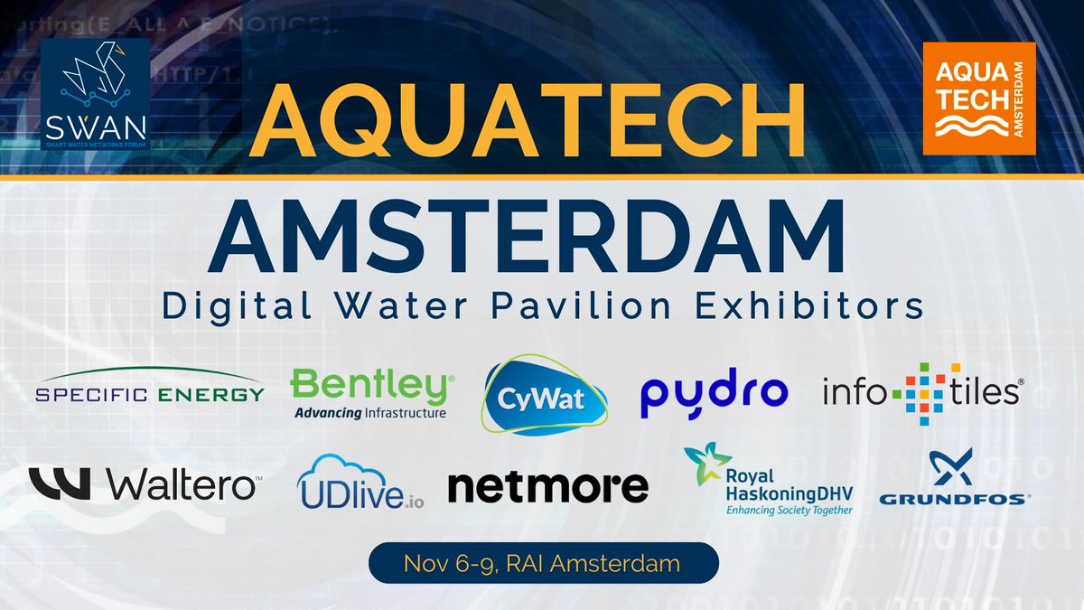 Meet your Aquatech Amsterdam SWAN-led Digital Water Pavilion Exhibitors on Nov 6-9! Specific Energy, <a href="/BentleySystems/">Bentley Systems, Inc</a> , CyWat technologies, <a href="/pydroenergy/">PYDRO</a>, <a href="/infotiles/">InfoTiles Digital Water</a> , Waltero, <a href="/UDliveLtd/">UDlive</a> , <a href="/NetmoreT/">Netmore Technology</a> , @RHDHV , <a href="/grundfos/">Grundfos</a> 
Register here: swan-forum.com/events/aquatec…