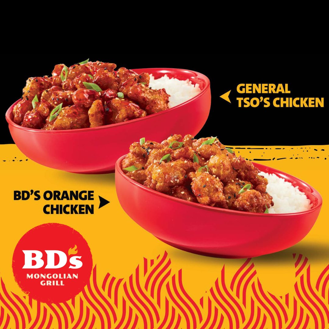 We have heard you loud and clear!🔥 We are bringing your favorite classics to BD’s.😎 Enjoy the NEW BD’s Orange Chicken and General TSO’s Chicken. Both starting at just $12.99!😋