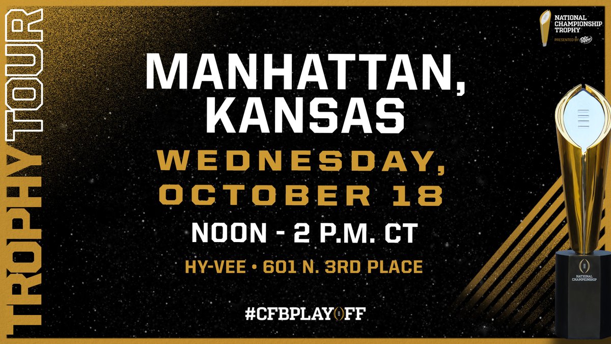 The #NationalChampionship Trophy is in the Little Apple today! Stop by, come visit and take your photos with the hardware! 🏆 #CFBPlayoff Trophy Tour 📅 Wednesday, October 18 🕰 Noon – 2 p.m. CT 📍 Hy-Vee • 601 N. 3rd Place • Manhattan, Kansas