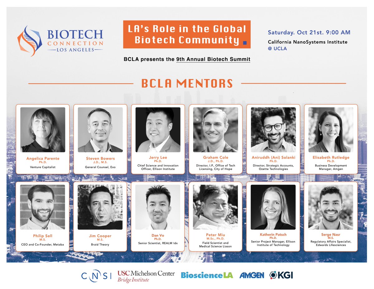 BCLA (@team_bcla) on Twitter photo We are thrilled to announce the mentors for BCLA's 9th Annual Biotech Summit! Make sure to join us this Saturday at <a href="/cnsiatucla/">CNSI at UCLA</a> to meet accomplished professionals who will share their insights into various career choices in the biotech industry.
RSVP: eventbrite.com/e/9th-annual-b… We are thrilled to announce the mentors for BCLA's 9th Annual Biotech Summit! Make sure to join us this Saturday at <a href="/cnsiatucla/">CNSI at UCLA</a> to meet accomplished professionals who will share their insights into various career choices in the biotech industry.
RSVP: eventbrite.com/e/9th-annual-b…
