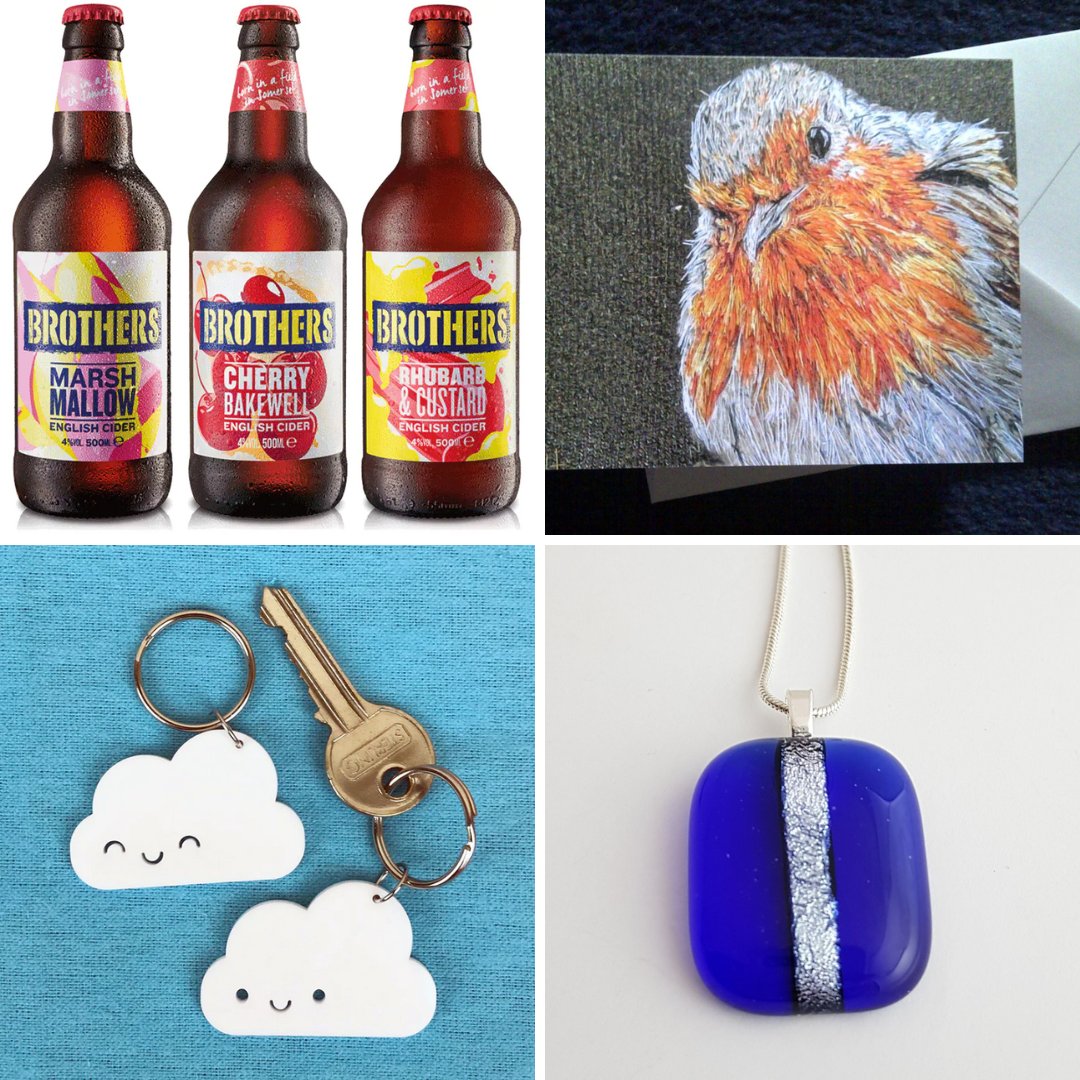 Featured in the Merryn #Christmas gift guide:
(clockwise from top left)

1. Brothers Cider <a href="/BrothersCider/">Brothers Cider</a> 
2. Artwork By Emily Tull @ArtbyEmilyTull 
3. Sarah Greening Glass <a href="/Greeningglass/">Sarah Greening Glass Jewellery</a> 
4. Asking For Trouble <a href="/marceline/">marceline 👻</a>