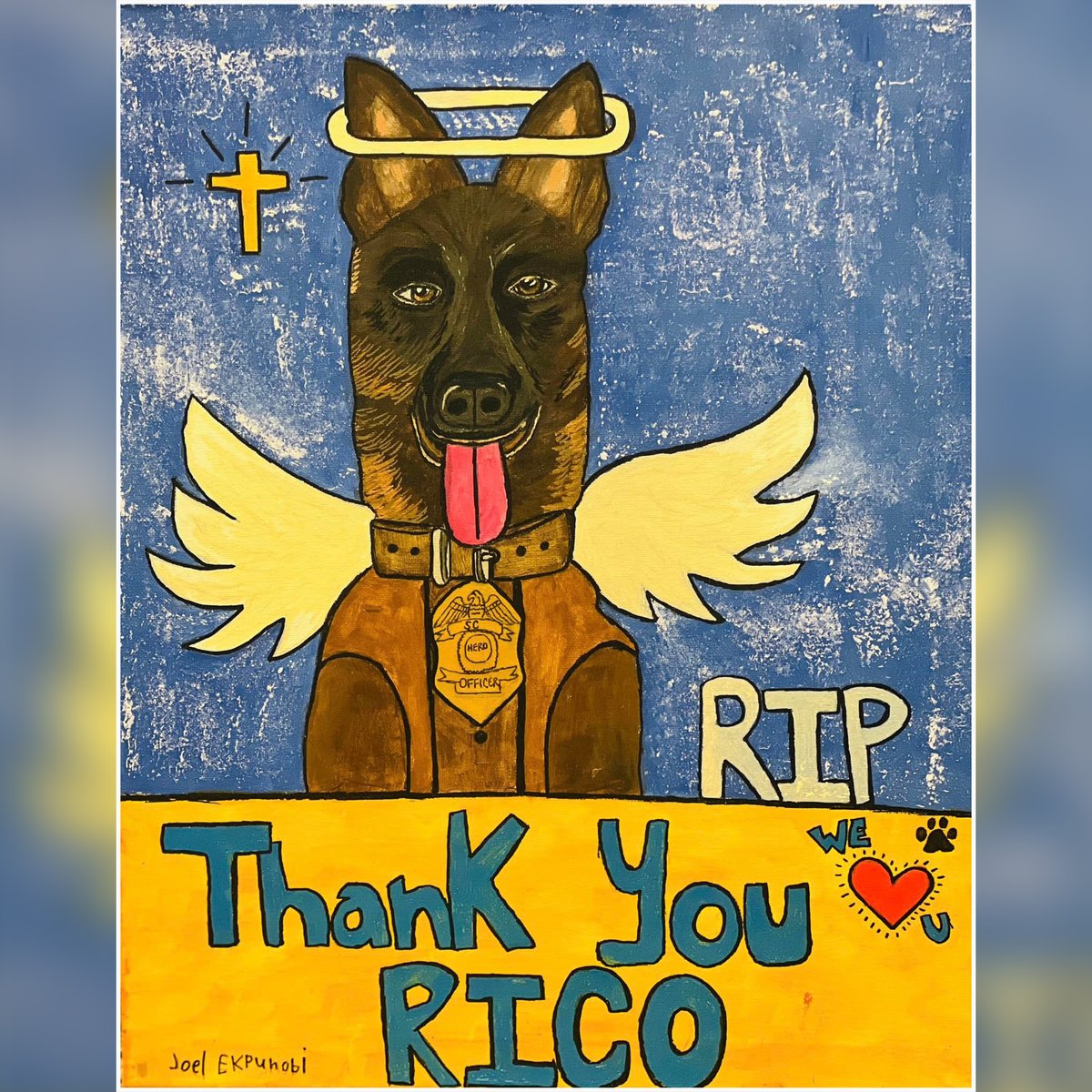 ChasCoSheriff's tweet photo. A special painting of K-9 Rico created by a Lowcountry elementary student began its journey this week to Columbia where it will be given to Rico’s handler, SLED Special Agent Richard Hunton. >>> https://t.co/MHfd8vUeq3 https://t.co/dzgqJfeH6H