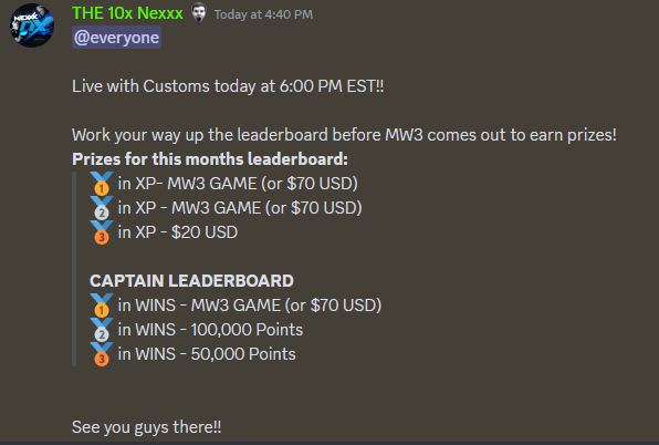 XBL_NexXx's tweet photo. LIVE at 6:00 PM EST

4v4 Community Customs.
Play , Win , Earn XP , Win prizes!

Be Top 2 in XP by November 7th to win $70 USD or MW3 for FREE!

https://t.co/lpFlA8rIoP
See you guys there! https://t.co/t0uHQYKsgv