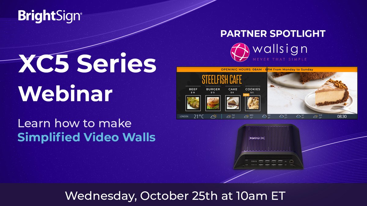 BrightSign's tweet image. Experience the power of video walls. 🤩

Join us 𝗪𝐞𝐝., 𝐎𝐜𝐭. 𝟐𝟓 𝐚𝐭 𝟏𝟎𝐚𝐦 𝐄𝐓 to see how CMS platforms like WallSign are leveraging the XC5 to simplify video wall creation.

🔗 RSVP: bit.ly/3tt21fu

#ProAV #VideoWalls