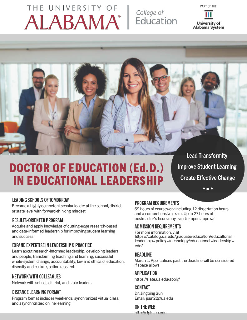 🎓 Ready for an Ed.D. in Educational Leadership?  
📷 APPLY this week &amp; SAVE! Don't miss our APPLICATION FEE WAIVER offer: bit.ly/3M20SSL. 
Join us in shaping the future of education! More EL Ed.D. program info: catalog.ua.edu/graduate/educa…… 
#LeadershipEdD #UA #Rolltide🚀