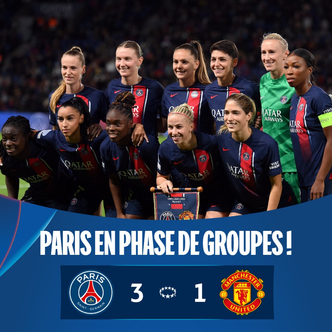 UEFAcom_fr's tweet photo. ✅ Le #PSG sort #ManUnited (3-1, tot. 4-2)
Il y aura trois clubs 🇫🇷 dans les groupes!
🔔 Tirage vendredi à 13 heures!
#UWCL | #PSGMU | @PSG_Feminines https://t.co/uMvLgUuao8