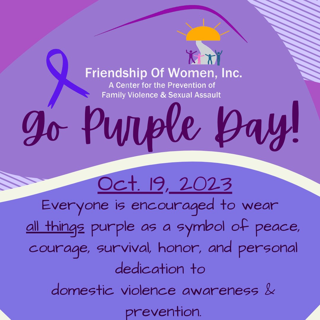fowinc's tweet photo. What is Go Purple Day?

Oct. 19th! We spotlight this day as an opportunity to raise awareness &amp; honor survivors of domestic violence by wearing purple shirts, ties, scarves, shoes, nail polish, etc. The possibilities are endless!

Share your photos wearing purple 
 #GoPurpleDay https://t.co/rsa7C5U14w