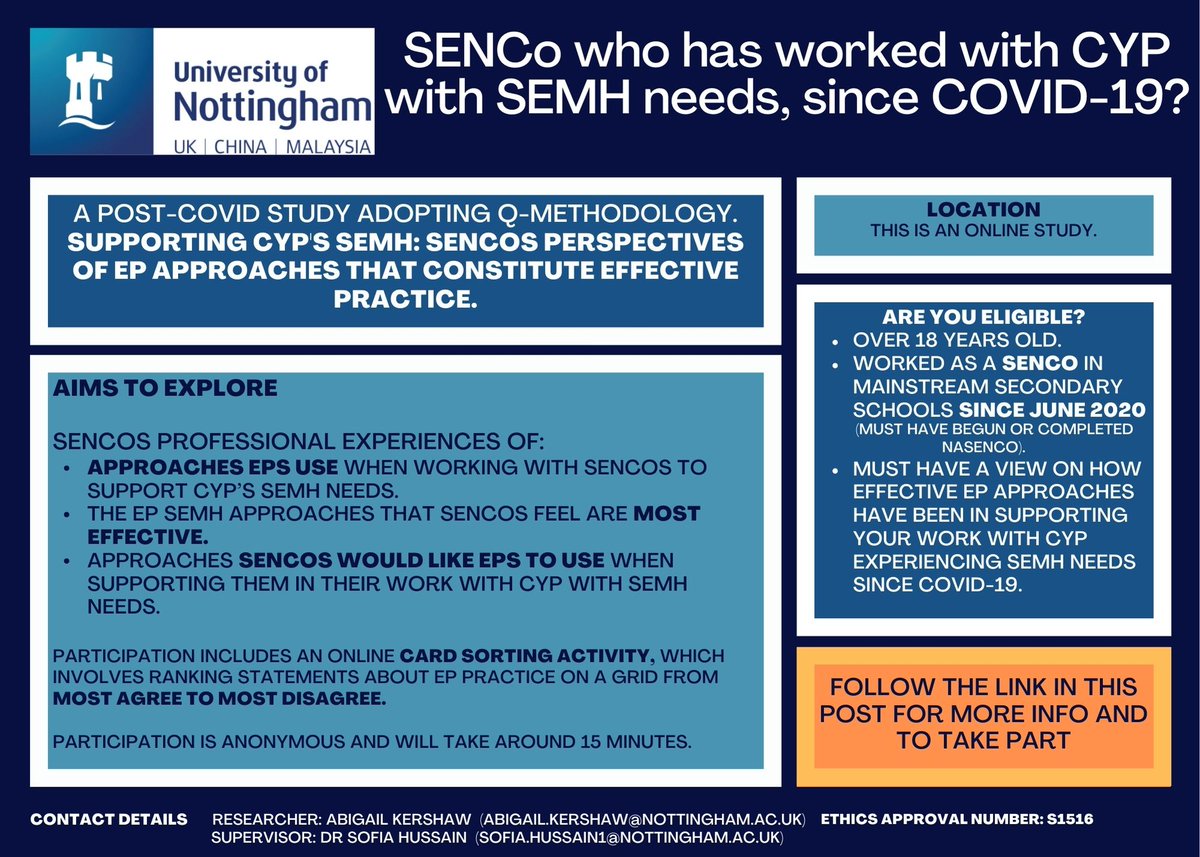 Hi! 😀I would be beyond grateful if any secondary school SENCos could spare 15 mins to contribute to my doctoral research (link below) 💫💻 Please click retweet and share with any SENCo contacts 🙂 #twittereps #senco #adayinthelifeofatep #teplife 
nottinghampsych.eu.qualtrics.com/jfe/form/SV_8I…