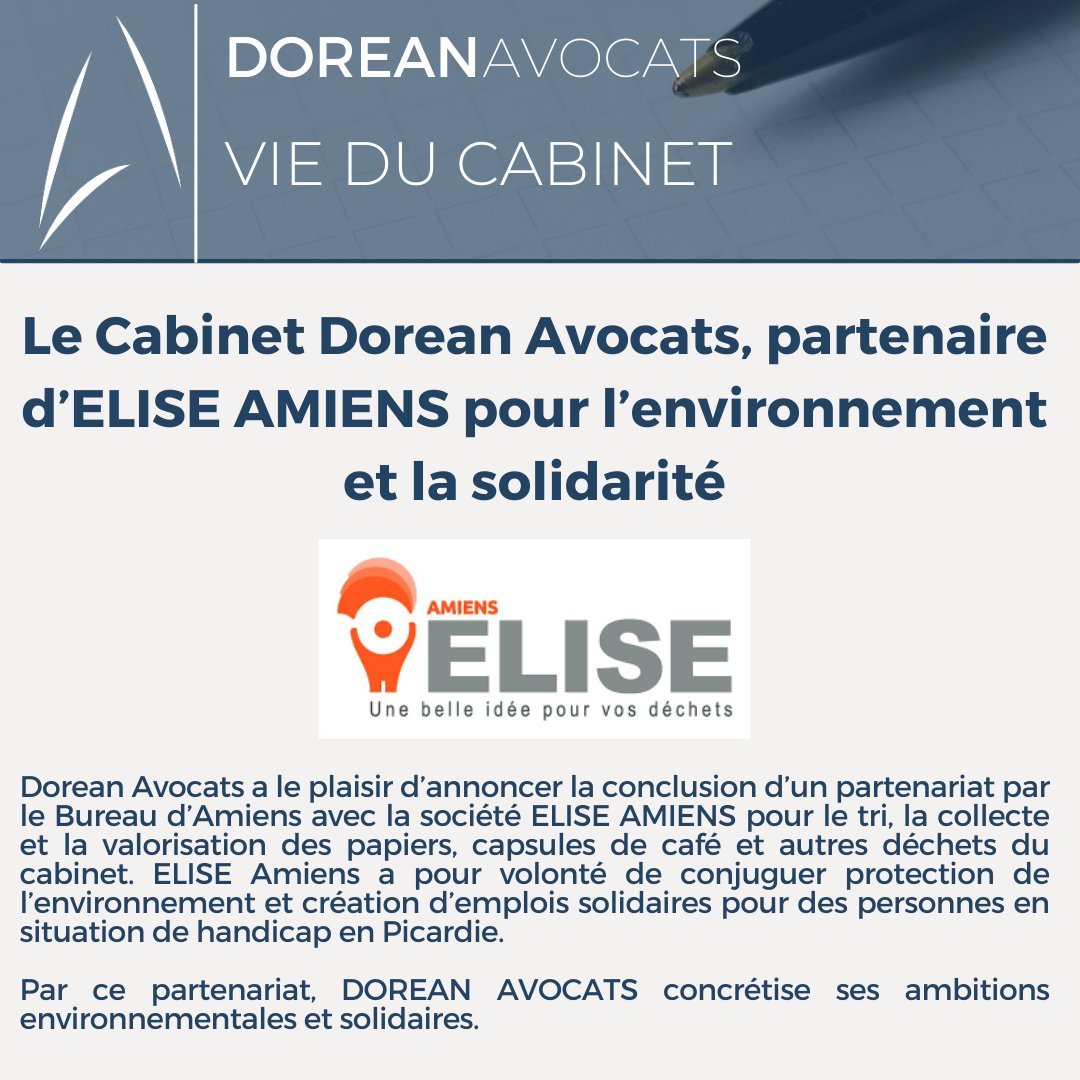 ♻️Le Cabinet Dorean Avocats s'engage dans une démarche environnementale et solidaire. Dorean Avocats devient partenaire d’ELISE AMIENS. Plus d'info 👇dorean.fr/doreanavocatsp… #environnement #solidarité #partenariat #rse #amiens #avocats