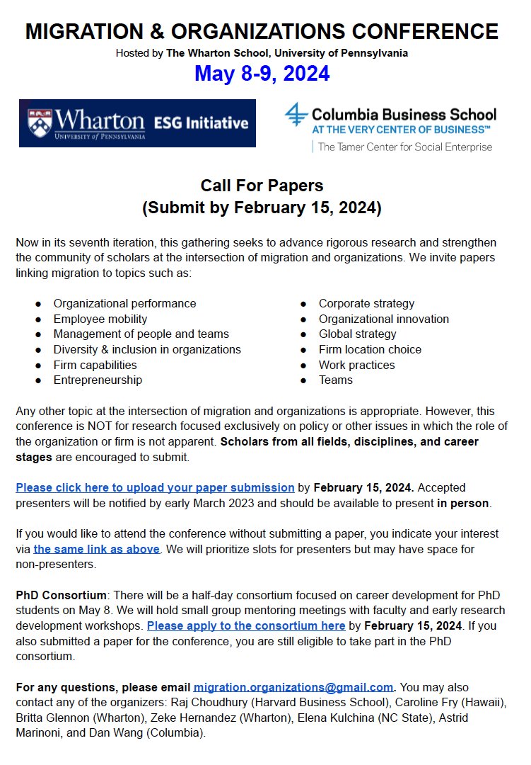 Announcing the 2024 #Migration &amp; #Organizations Conference!

1. Send us your work: forms.gle/9CtSBZXhib2KVc…

2. Help spread the word!

3. Encourage #PhD students to apply for the #consortium: forms.gle/jkd1523B3t4spc…

<a href="/dansalright/">Dan Wang</a> <a href="/prithwic/">Prithwiraj (Raj) Choudhury</a> <a href="/BrittaGlennon/">Britta Glennon</a> <a href="/fry_cv/">Caroline Viola Fry</a> <a href="/Astrid_Marinoni/">Astrid Marinoni</a>