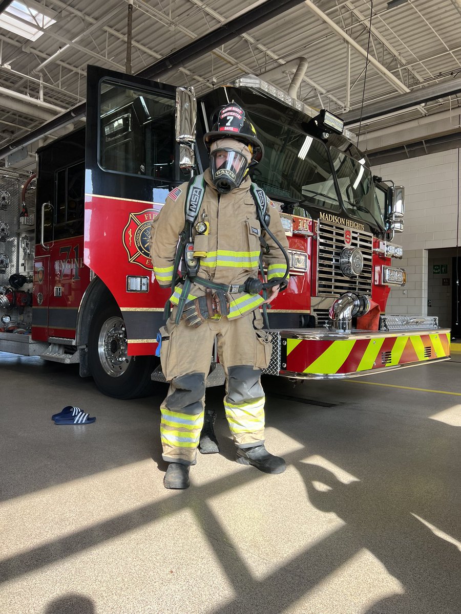 MrsDeneau's tweet photo. We visited the Madison Heights Fire Department today. Our students watched a truck tour, they dressed in gear and watched firefighter/paramedic Davis put on his gear and try to speak to them so in case of a fire they would know what to expect. @LamphereHS #wearelamphere https://t.co/GCiWR0UyGW