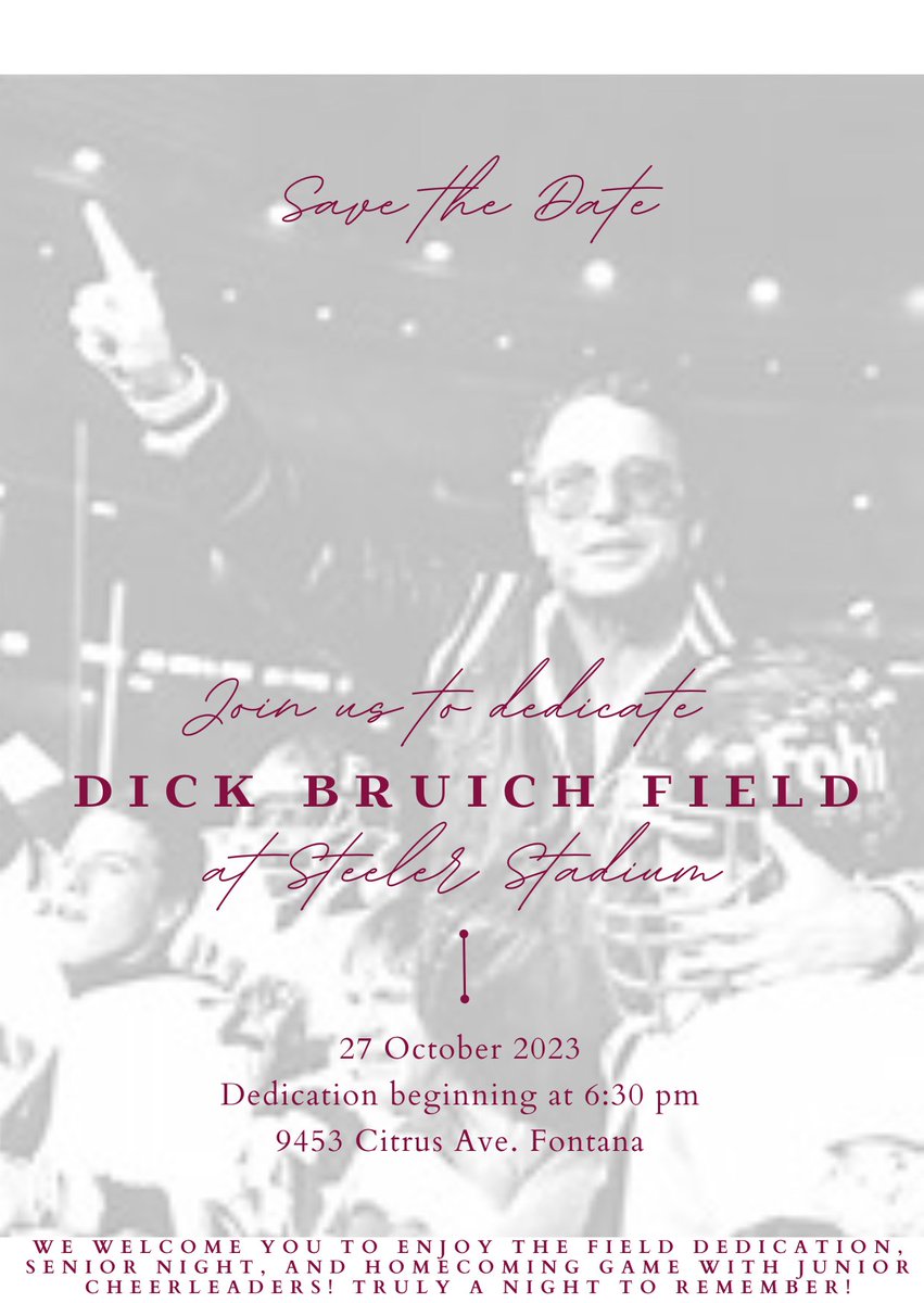 FUSD_Supt's tweet photo. 🌟SAVE THE DATE!🌟Join us as we honor the legacy of Coach Bruich, a true legend in Fontana USD. The dedication ceremony for the newly named football field is set for Fri 10/27/23 at 6:30 pm. Let's celebrate the lasting impact of a remarkable coach.  #FontanaPride #DickBruichField https://t.co/HlVL29l4xz