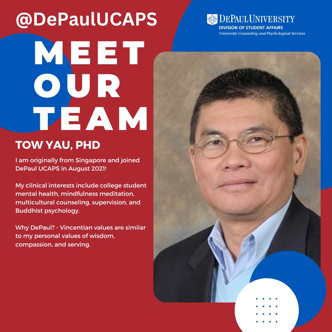 Meet our #DePaulUCAPS team! Tow Yau, PhD is Director of @DePaulUCAPS.

#FunFact: I lived in 3 countries and 12 cities.

#FavoriteQuote: “The best way to take care of your future is to take care of your present” – Thích Nhất Hạnh