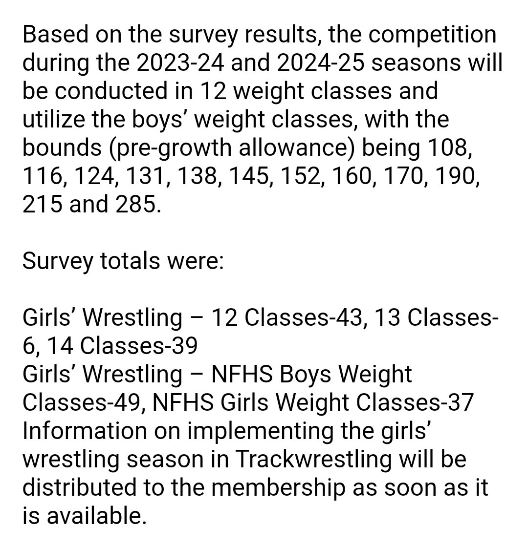 New girls Kentucky weight classes. We are now the only state with 285 for girls. <a href="/nwcawrestling/">NWCA</a> <a href="/WrstleLikeAGirl/">Wrestle Like A Girl</a> thoughts?